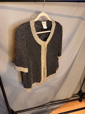 Stenay Black Beaded Short-Sleeve Cardigan with Gold Trim Accents